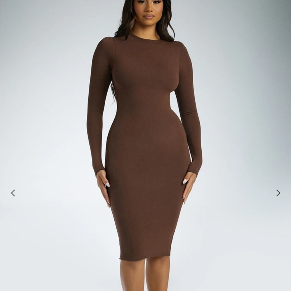 Naked Wardrobe Brown Bodycon Long Sleeve Dress